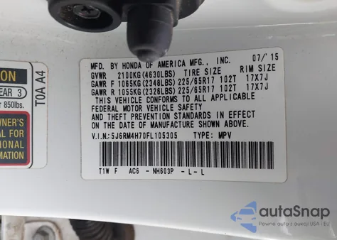 2015 Honda Cr-V Ex-L из США, поврежденный, VIN 5J6RM4H70FL105305